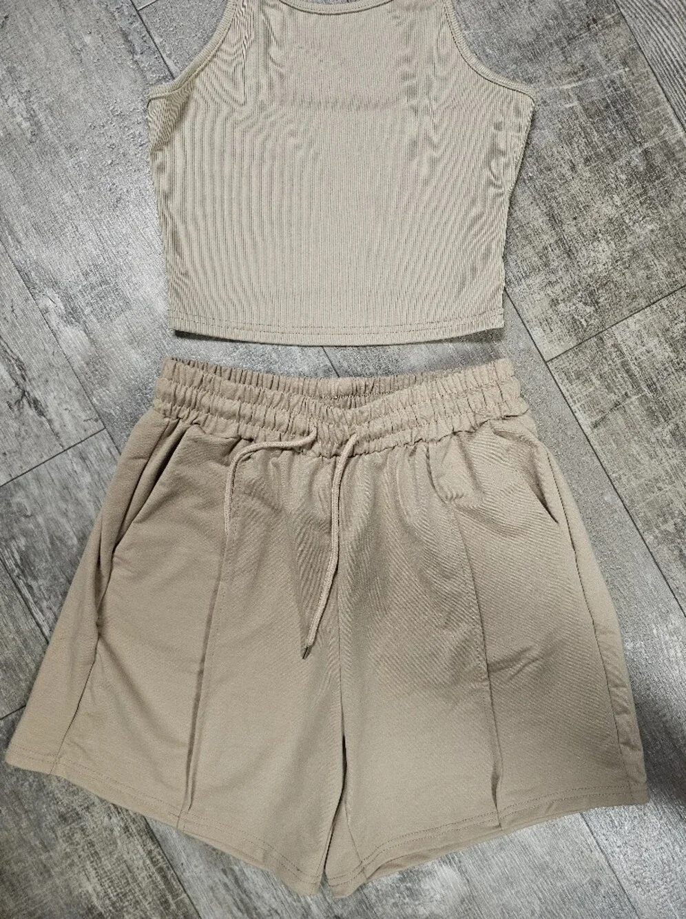 SHEIN Beige Ribbed Crop Tank and Drawstring Waist Shorts Set